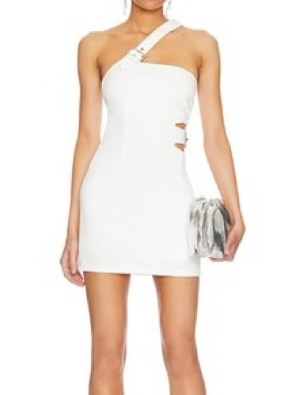 SuperDown White One-Shoulder Mini Dress with Buckle Strap size S